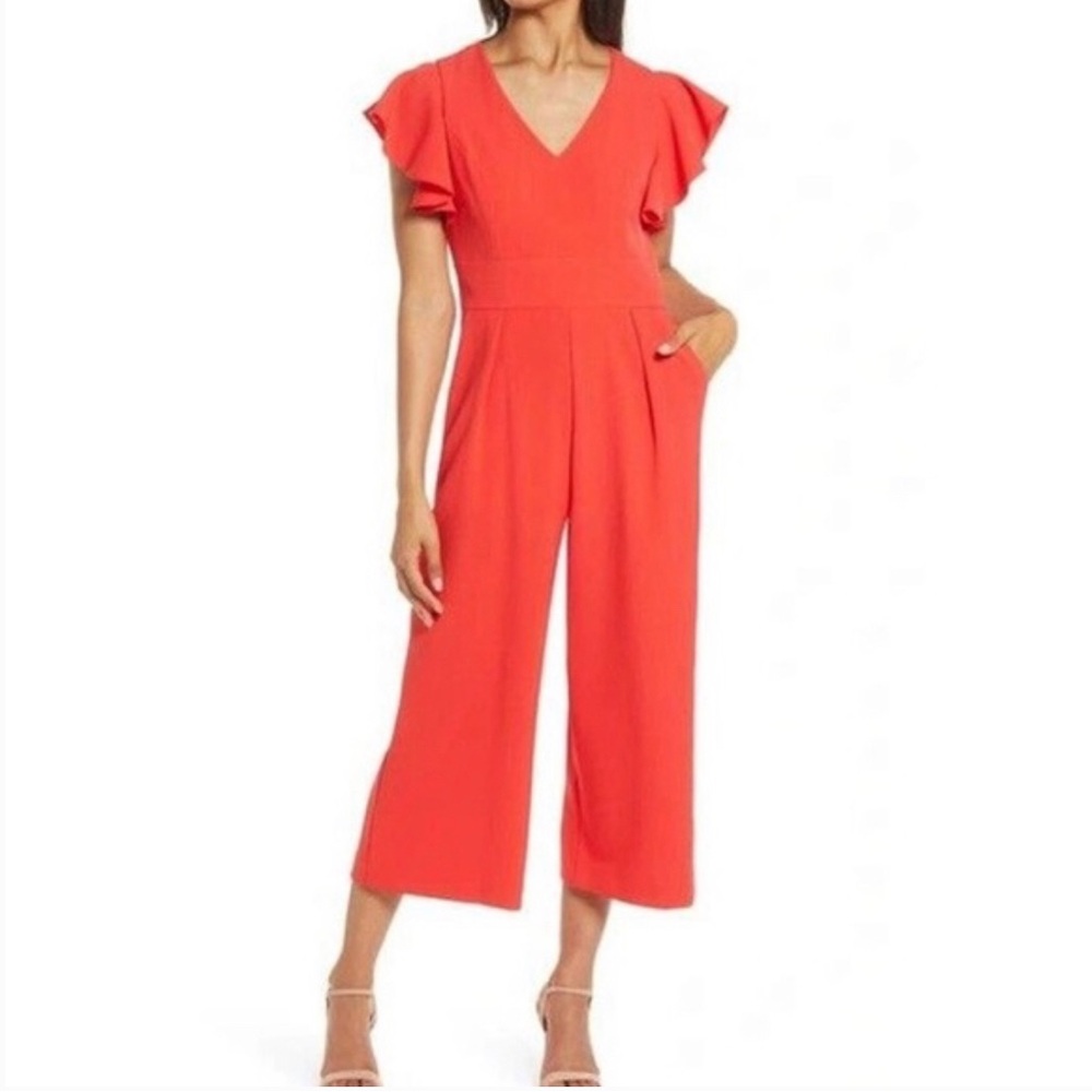Eliza J Orange/Red Ruffle Sleeve Crepe Jumpsuit Size 6 NWOT